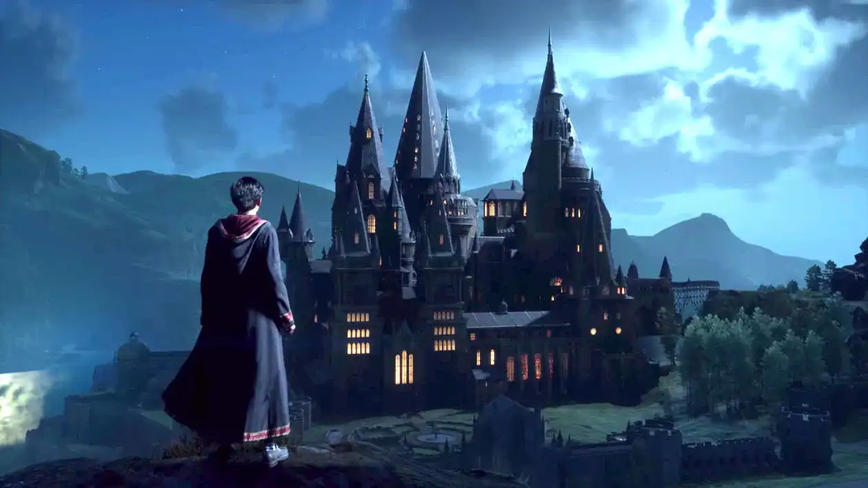 Il personaggio principale in volo sulla scopa verso la torre centrale | Come raggiungere il punto più alto del castello in Hogwarts Legacy
