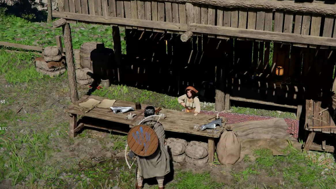 Immagine di vari materiali di crafting di Crimson Desert (minerali, legno, pelli) su uno sfondo che mostra una fucina del fabbro | Guida Materiali Crafting Crimson Desert