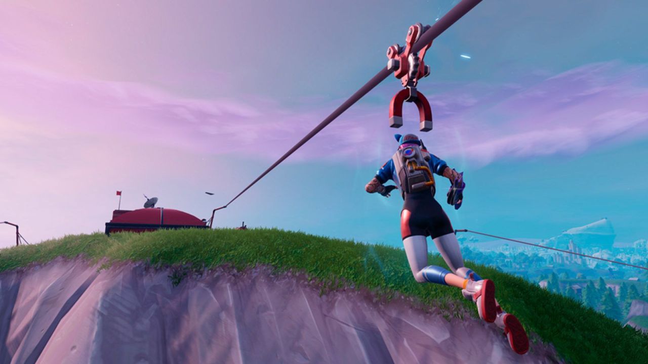 Immagine del Dispiegatore di Zapline di Fortnite in azione, con un giocatore che lo utilizza per muoversi | Fortnite Chapter 7 Season 2: Guida Completa al Dispiegatore di Zapline – Uso, Luoghi e Strategie